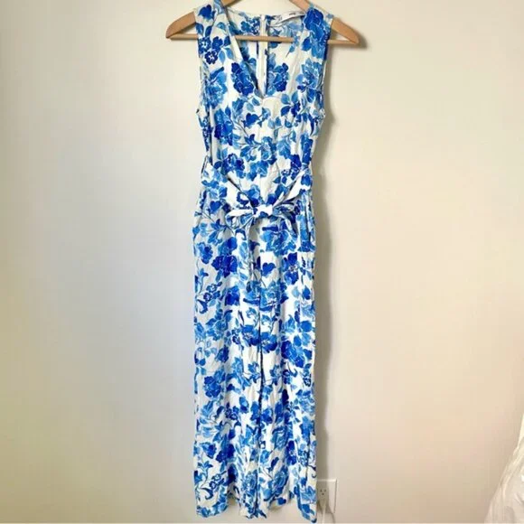 Mango Floral-Print Jumpsuit With Tie Blue and White Print Size Extra Small - Picture 6 of 14
